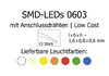 SMD-LEDs Bauform 0603 mit angelöteten Drähten, Low Cost, blau