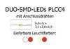 DUO-SMD-LEDs, Bauform PLCC4, mit angelöteten Kupferlackdrähten, warmweiß-rot