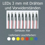 LEDs 3 mm, mit Anschlussdrähten und Vorwiderstand, 10-24 V